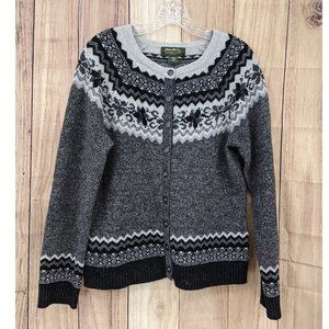 EDDIE BAUER Fair Isle Lambswool Cardigan Sweater Beaded Gray Black Sz L